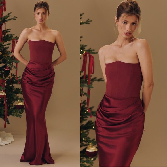 House of CB Persephone Maxi Dress Wine Red Strapless Corset Satin Size S